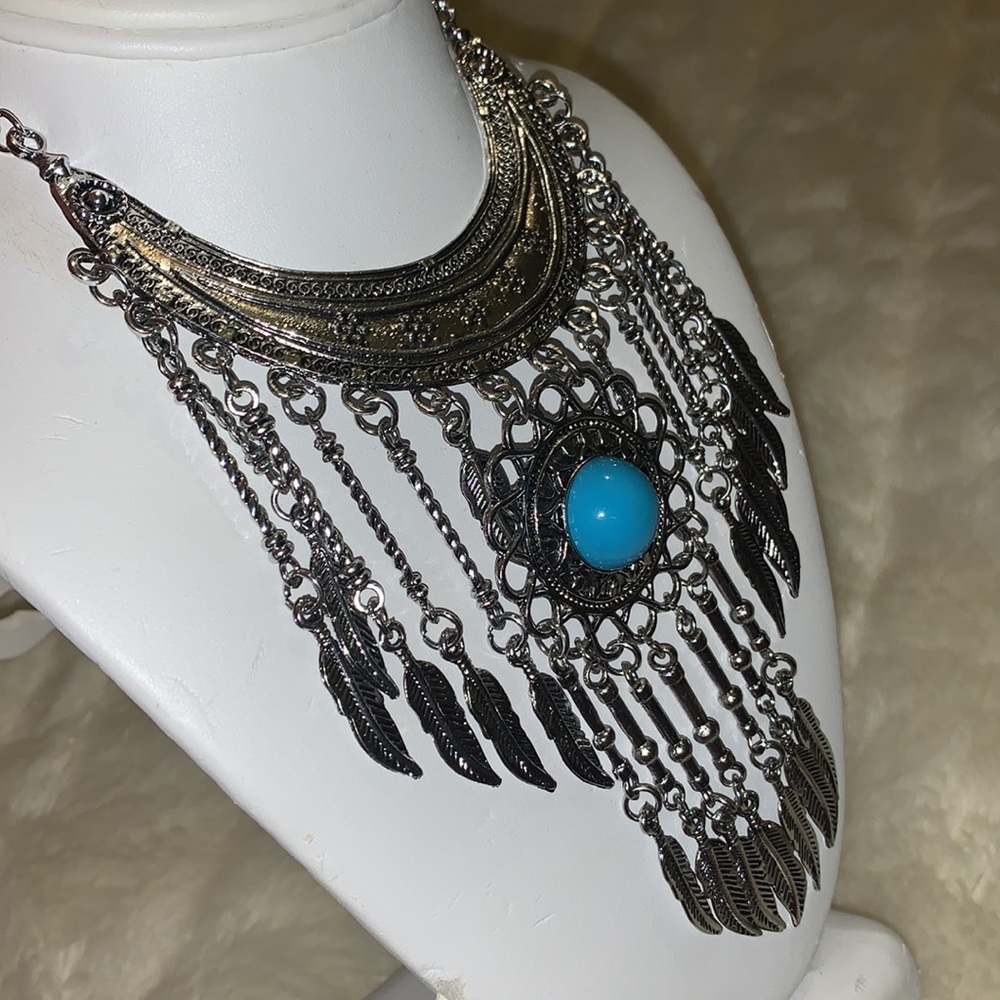 y2k silver turquoise Dream catcher feather choker statement necklace